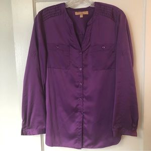 Ellen Tracy Purple Career Blouse Button Down Front Pockets Roll Tab Sleeve Sz S